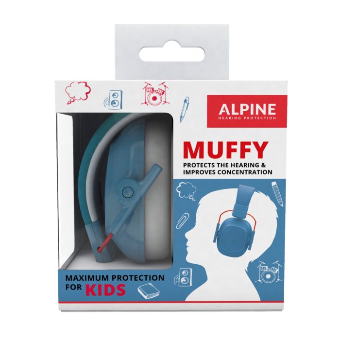 Vaikiškos apsauginės ausinės ALPINE Muffy KIDS, melsvos spalvos, padėtos ant balto fono